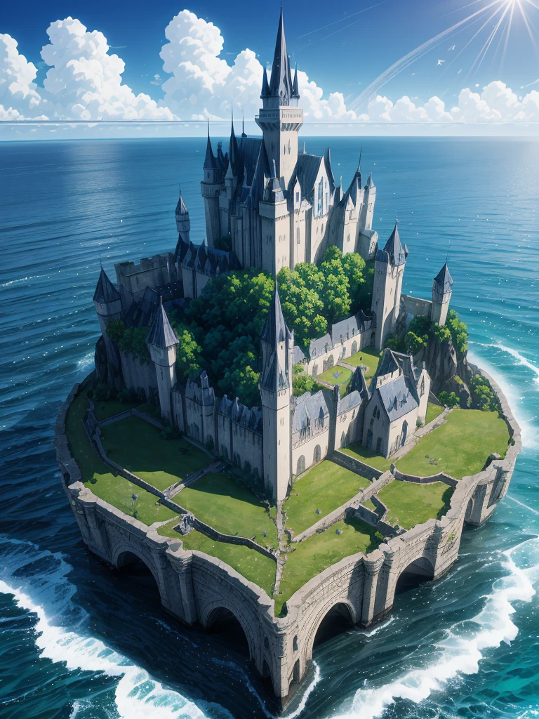 (((masterpiece、Highest image quality、highest quality、highly detailed unity 8kwallpaper)))、((fantasy、A castle on a lonely island))、(Ocean)、tower