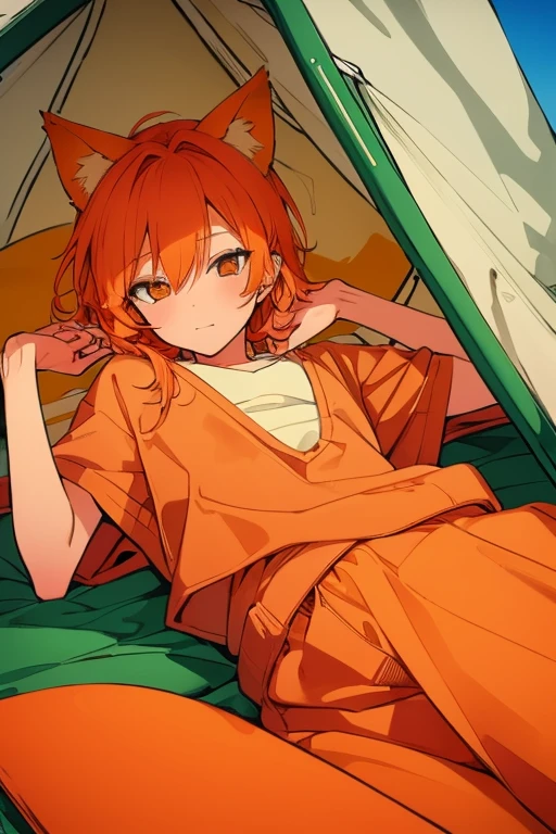 An orange haired man with orange eyes and orange fox ears and an orange fox tail is laying in a tent