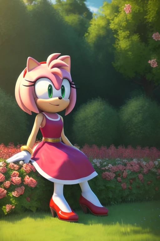 ((Masterpiece), high quality, detailed, intricate details), Amy Rose is a mobian, wearing a beautiful dress, she is out in the open at a rose garden, seated on the grass like a princess, the picture must be in 4k