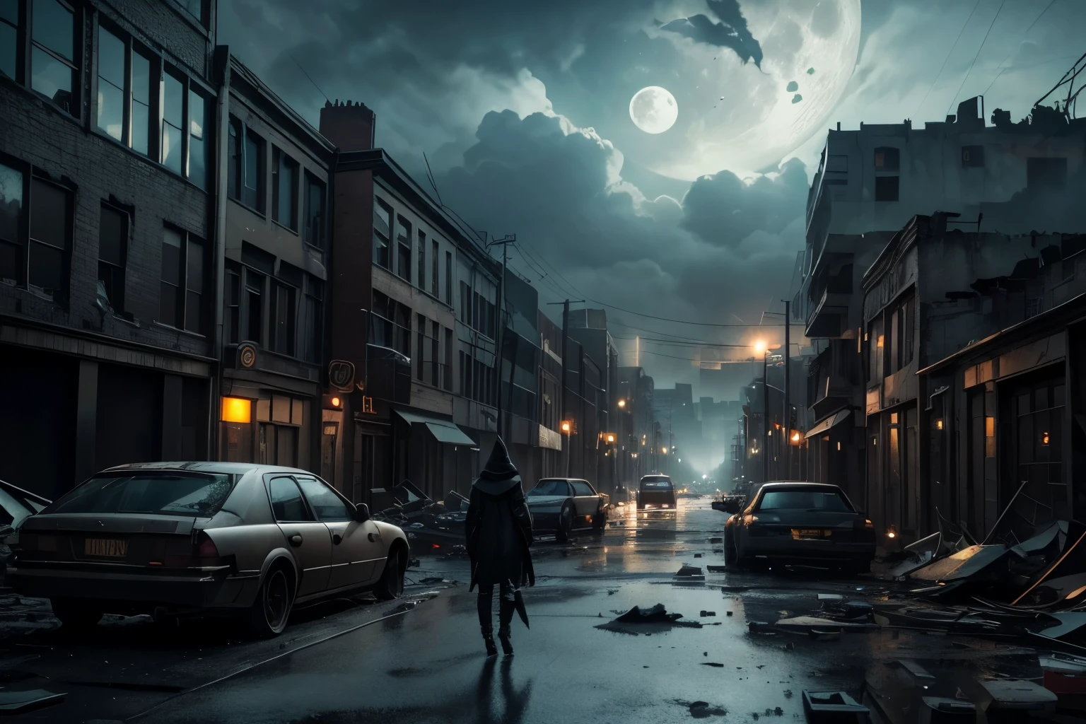 dramatic scene,cinematic,burned city scape building,dark night environment,still movie lighting scene,(best quality,4k,8k,highres,masterpiece:1.2),ultra-detailed,(realistic,photorealistic,photo-realistic:1.37),HDR,UHD,studio lighting,ultra-fine painting,sharp focus,physically-based rendering,extreme detail description,professional,vivid colors,bokeh,portraits,landscape,horror,anime,sci-fi,photography,concept artists,detailed facial features,long eyelashes,gloomy atmosphere,crumbling architecture,smoke and ashes,flickering streetlights,ominous shadows,dimly lit alleyways,abandoned vehicles,damaged infrastructure,debris scattered on the ground,intense emotions,ruined city skyline,mysterious figures in the distance,streets lined with wreckage,broken windows and shattered glass,dilapidated buildings painted with eerie graffiti,ominous clouds covering the moon,distant sound of sirens and echoing footsteps.