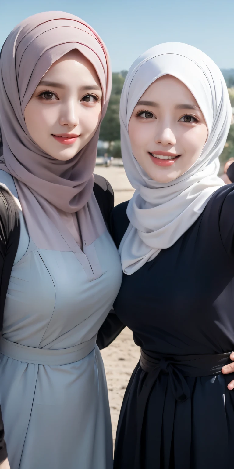 masutepiece, Best Quality, Illustration, Highly detailed, fine detail, high resolution, 8K Wallpaper, Perfect dynamic composition, Many people in hijab, many people's hijab, (three girls in hijab taking front camera photo), many people, Detail of beautiful eyes, Natural Lips , Smiling lips,(Lips laughed lightly), Hand details, (perfect fingers, no defects), Wearing a Muslim hijab, Muslim gamis clothes, luxurious jubba thobbe, full body photo, view of the blue sky, sunlight, close-up photo, take a picture from face to thighs, (three girls wearing hijabs taking photos holding the front camera), lots of people wearing hijabs, girls taking photos, showing your big breasts, people wearing hijabs, all the girls holding front cameras
