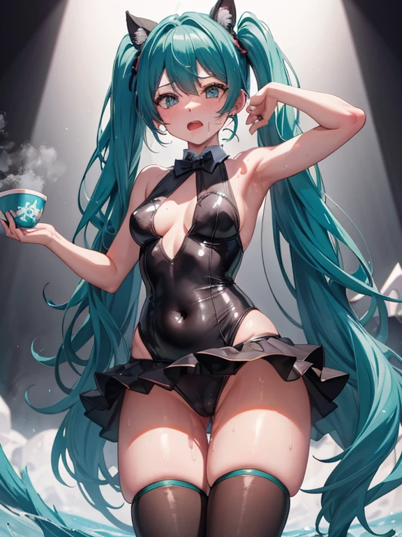 Hatsune Miku、A cup、slender、small breasts、High leg、bunny girl costume、Smooth plump thighs、Thigh emphasis、Show your armpits、black rabbit ears、sweaty、Tsuyudaku、tights　、Navel exposed、Ahegao、languorous expression、mouth wide open、sticks out tongue、sexy pose、Sweat dripping、Steam is coming out from around the body、Stuffy stuffiness　、Drooling、Jumpy convulsions、Climax、ecstasy、sensitive、Sweat profusely、drenched and sweaty body、ecstatic expression、Estrus、urine leaks、incontinence、Female dog　、A large amount of water is coming out from the crotch