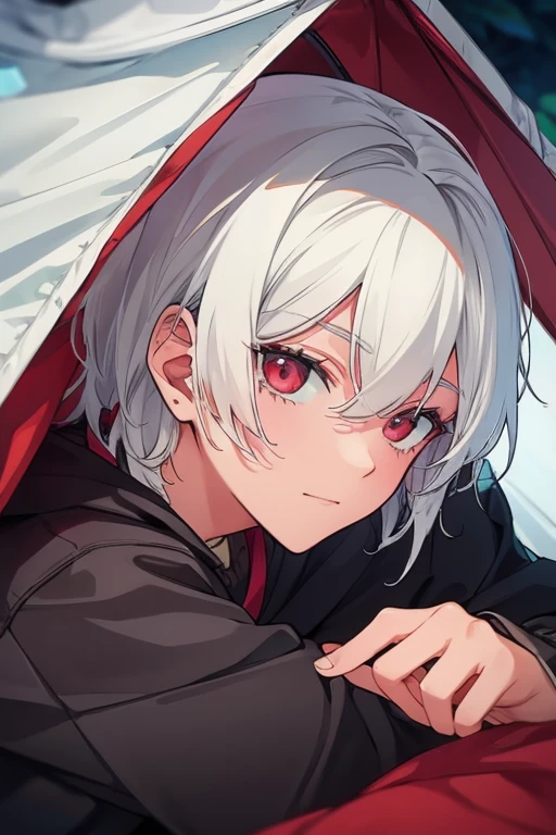 An white haired man with red eyes  is laying in a tent