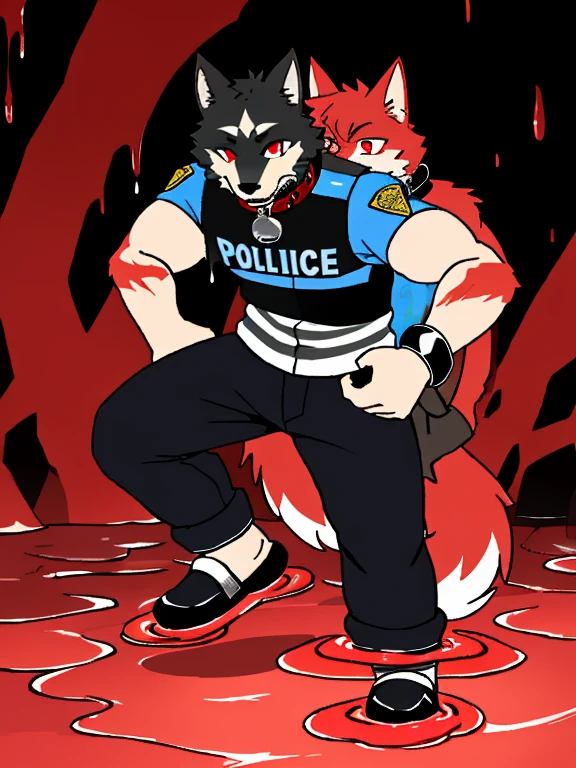 （two wolves），Black wolf in police uniform，collar，legs tied，Hands behind your back，red eyes，steel bracelet，anklet，Was arrested，Swimming pants，Thin muscle，into the slime，Red cat ears，drizzle，（Ultra-detailed graphics），（masterpiece），（Ultra-detailed character portrayal），short hair，sfw，（（（（（（Blood-red seawater）））））），Red sky，bloodstains，Scarred body，Black whites of the eyes，hell