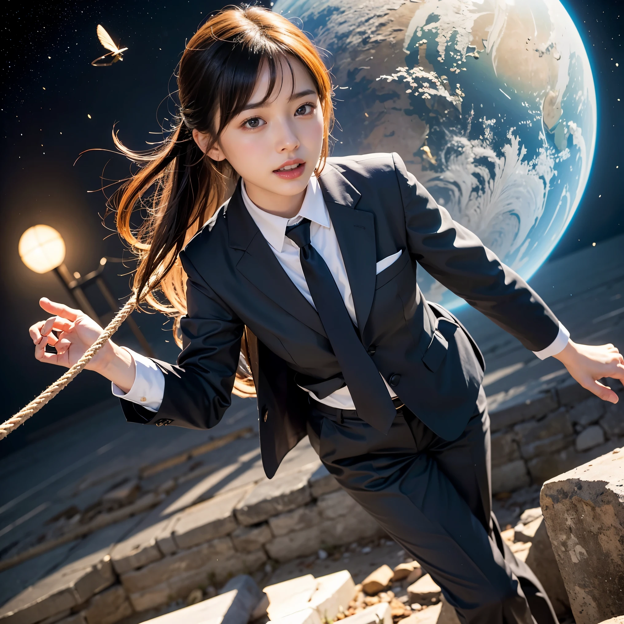 proud woman、surrounded by men、Plump、Shimenawa around neck、Hands and feet are tied to the beam with ropes、rampage、angry look、detailed face、fine hands、fine legs、(debris flies, highest quality:1.2), 8K, official art, chest、cute、wearing a suit、chestが見える、 planet, trending on cgstation, 太陽系外planet, official art, mar planet,  Sakimi-chan, Five Fingers Photos&#39;body of, Full body Esbian、beauty of suit、cool look、 (masterpiece) (highest quality) (become familiar with) (8K) (movie lighting) (sharp focus) (complicated)black hair、14 years old、小さいchest、laughter、incredibly stupid, (beautiful girl, cute face, turn back, gold ornaments in hair、wearing a suit、chestのクローズアップ, wearing a suit, short sleeve, gardenia, Viola family, space , looking at the viewer, film grain, chromatic aberration, オッパイsharp focus, face light, dynamic lighting, cinematic lighting, become familiar withな目と顔, (gray tie、1 part:1.2)