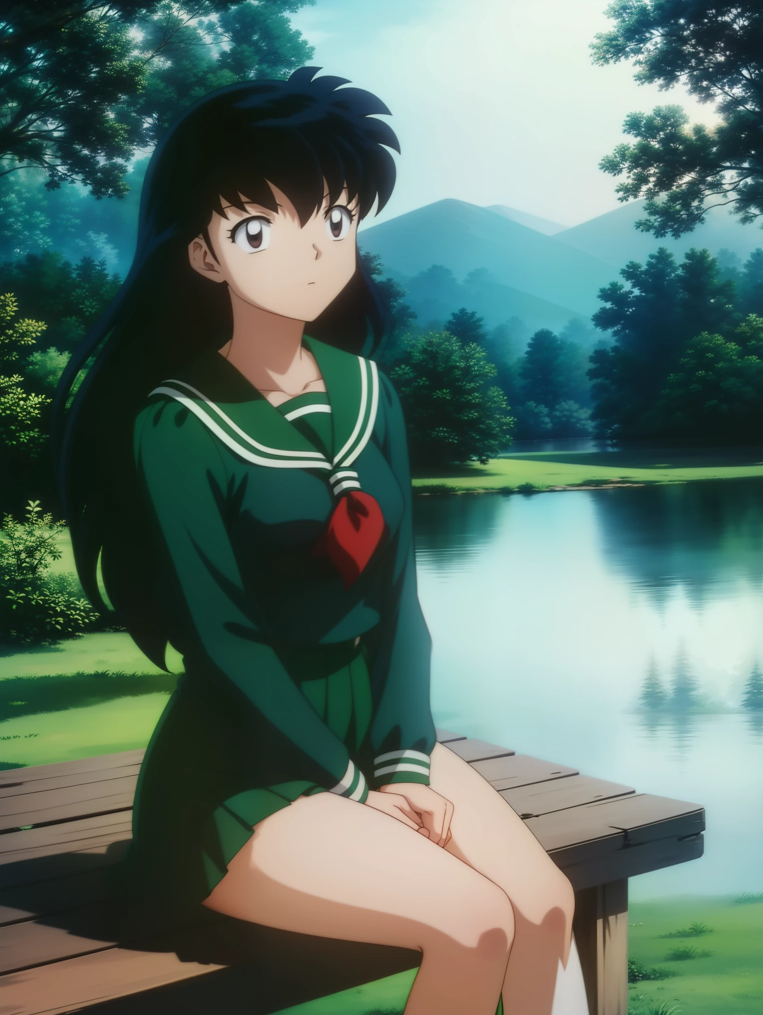 an anime woman sitting on top of a wooden bench with her hair up, 1girl, solo, outdoors, long hair, brown eyes, school uniform,(Masterpiece: 1.6, Best Quality), (Fine Beautiful Eyes: 1.2), (best quality, masterpiece, higher), green school uniform, soft thighs , long sleeves, white socks, scenery , Best Quality, ((anime)) ((Colored)) HD, Kagome Higurashi ,school uniforms, Standing, Green skirt, Red scarf, long hair, Black hair between the eyes, Thighs are soft, school background , black hair, skirt, sitting, green skirt, serafuku
