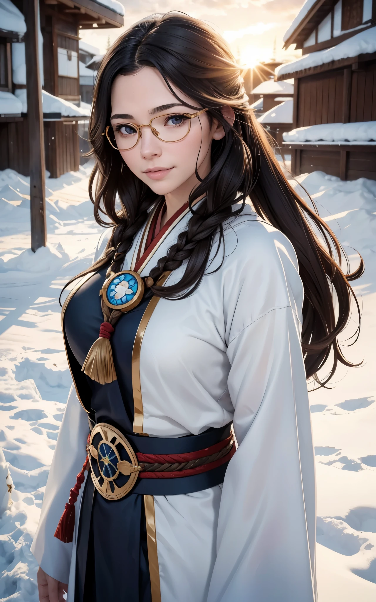 Young ainu woman with the face of (Gal Gadot:Evangeline Lilly), (looking at viewer, light smile, ), brown hair, brown eyes,  long hair, hair_flying, Fluttering hair, flying_hair, ((Transparent glasses, glasses, glasses_on_nose)), ((traditional ainu clothes)), sexy, charming, stunning,  enhance, delicate, (pale skin, real_skin), sunlight, Winter, snow, Hokkaido, outdoor, best quality, high quality, highres, 8k, photo realistic.
