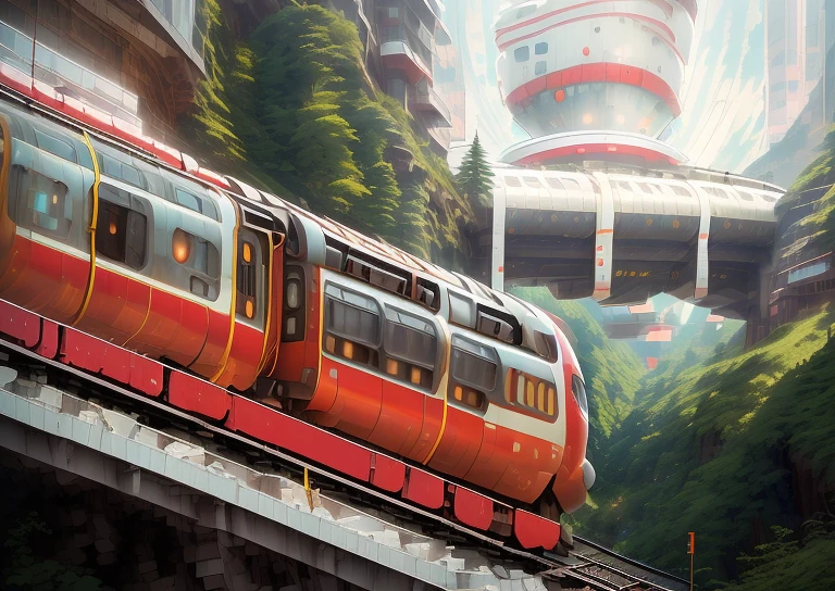 There is a red train passing through a tunnel on the railroad tracks, train in tunnel,  Built on a steep hillside, author：Zhang Wei, Surreal, absolutely, Photo taken on 2 0 2 0, monorail, The car body is beautifully painted。