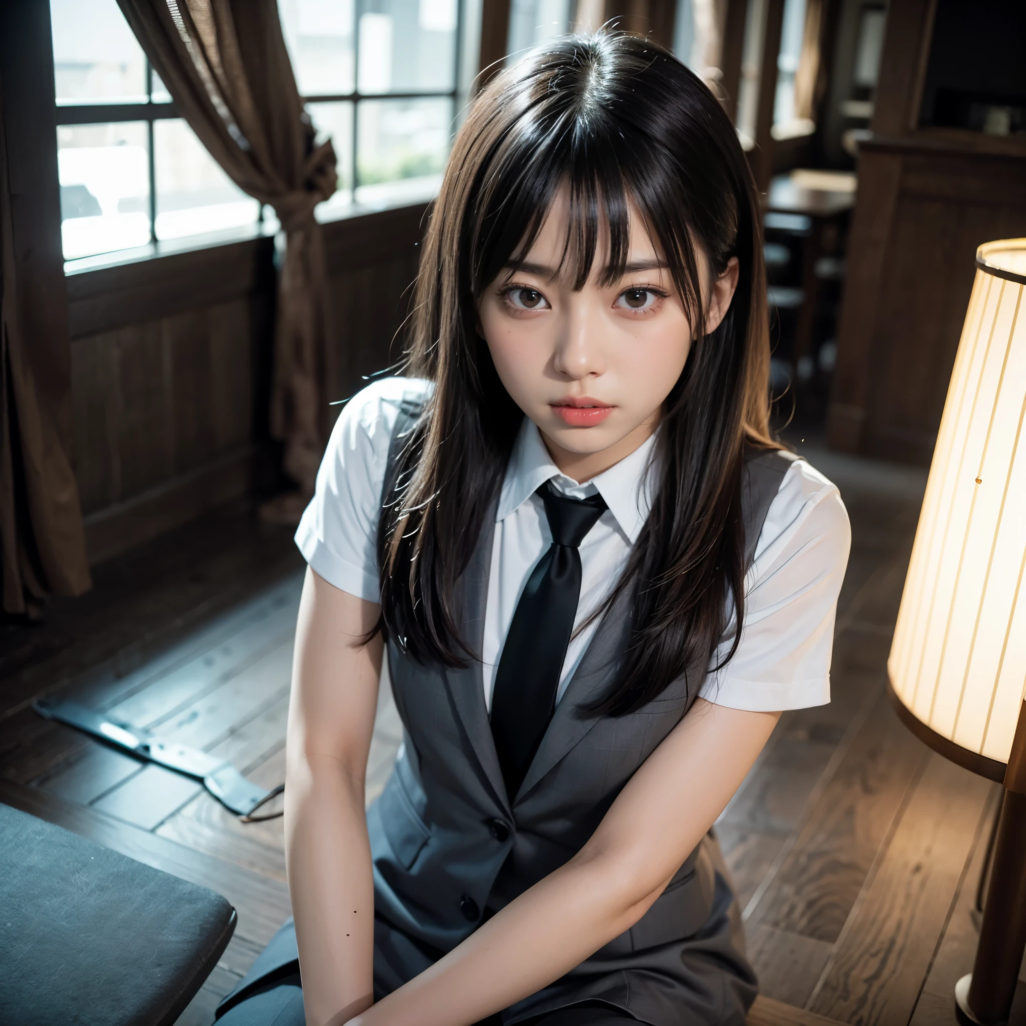 proud woman、surrounded by men、Plump、Shimenawa around neck、Hands and feet are tied to the beam with ropes、rampage、angry look、detailed face、fine hands、fine legs、(debris flies, highest quality:1.2), 8K, official art, chest、cute、wearing a suit、chestが見える、 planet, trending on cgstation, 太陽系外planet, official art, mar planet, Sakimi-chan, Five Fingers Photos'body of, Full body Esbian、beauty of suit、cool look、 (masterpiece) (highest quality) (become familiar with) (8K) (movie lighting) (sharp focus) (complicated)black hair、、小さいchest、laughter、incredibly stupid, (beautiful girl, cute face, turn back, gold ornaments in hair、wearing a suit、chestのクローズアップ, wearing a suit, short sleeve, gardenia, Viola family, space , looking at the viewer, film grain, chromatic aberration, オッパイsharp focus, face light, dynamic lighting, cinematic lighting, become familiar withな目と顔, (gray tie、1 part:1.2)