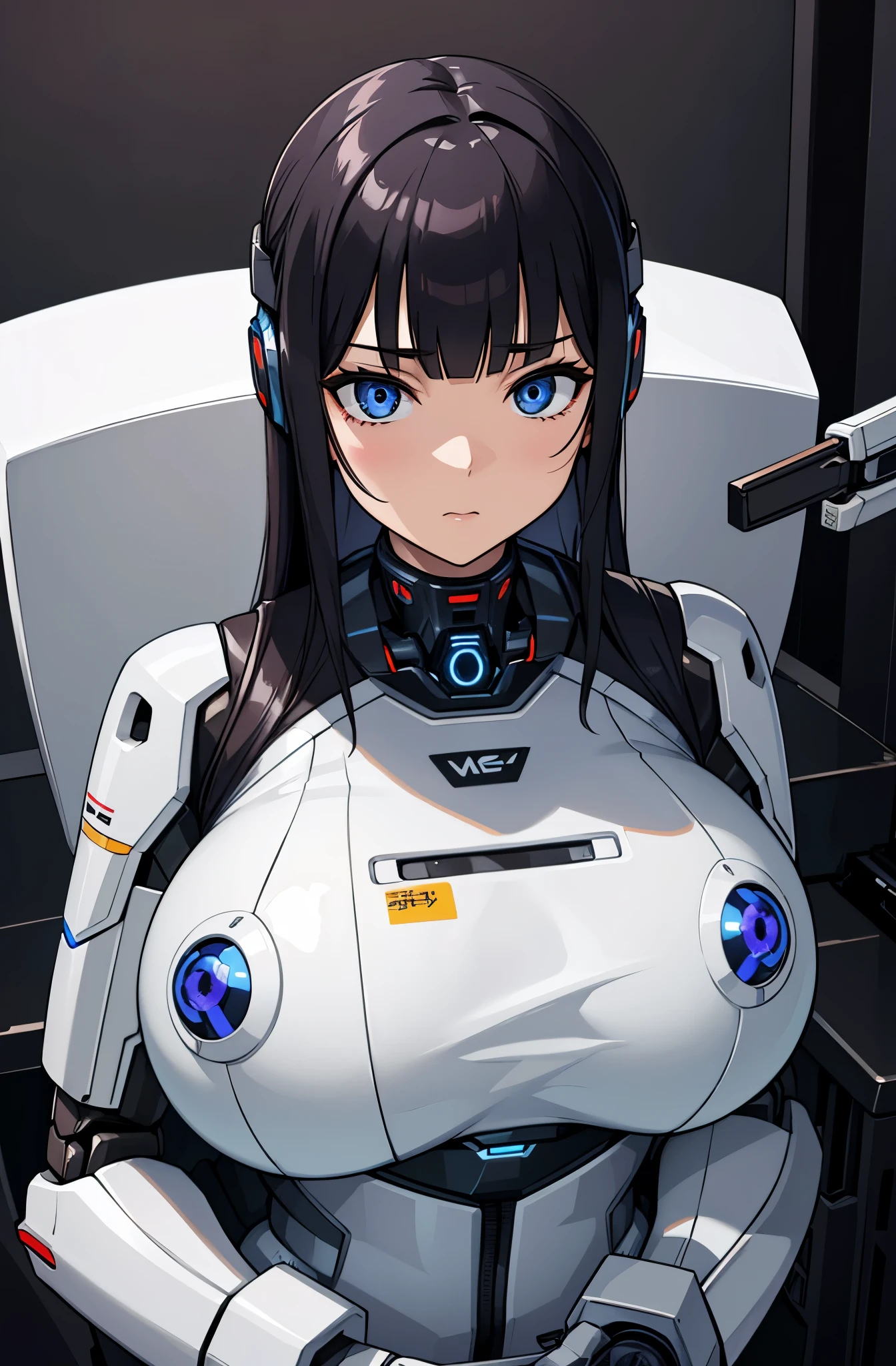 masterpiece, best quality, extremely detailed, Japaese Cyborg girl,Plump , control panels,android,Droid,Mechanical Hand, Robot arms and legs, Black Robot Parts,Black hair,Mechanical body,Blunt bangs,White robotics parts,perfect robot girl,long tube,thick cable connected her neck,ceramic body ,mechanical body, mechanical ear cover, mechanical costume,android,robot,humanoid,cyborg,japanese android woman ,mechanical chest,full eyes,future laboratory,connecting a cable between the legs,