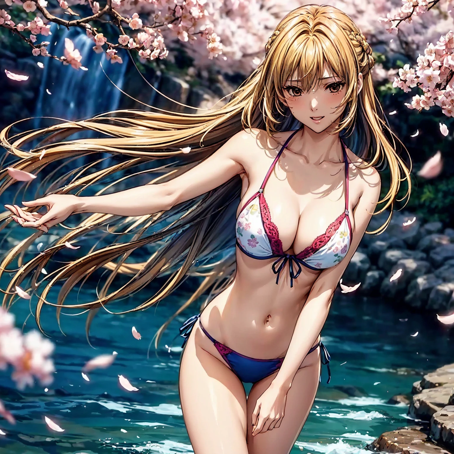 (((highest quality、masterpiece、very high resolution、highly detailed images、detailed details)))、(A woman of perfect and ultimate beauty:18-year-old, beautiful body、beautiful face:cheeks are red,beautiful hair:colorful,bright smile:Mouth opens)、(Slender and beautiful body, best skin and hair texture)、((Cute Bikini:美しく和柄でcolorful,shoulders are exposed,I can see my thighs)),((Mysterious waterfront:beautiful waterfall and cherry blossoms,fantastic night sky,natural light,beautiful scenery,beautiful scenery,Beautiful colors)),(water play,beautiful pose,model shoot,Hair flutters under the influence of the wind),bijinga,Overall image、accurate image、accurate anatomy、Image without defects,(best shot,RAW photo:1.2)