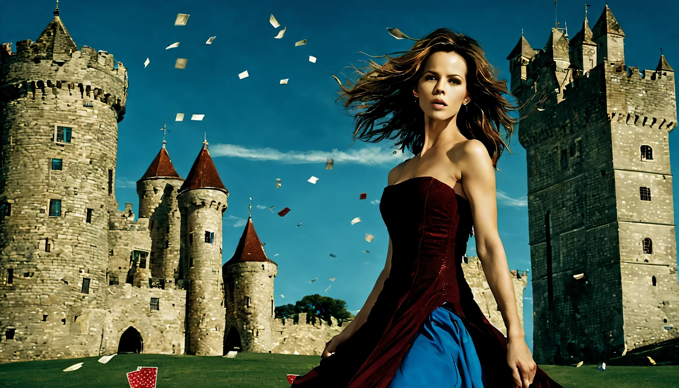 Uma imagem com uma jovens garota bonita (Kate Beckinsale), (22 anos), brincando com sabre de luz, com um vestido Bexe de baile e o sabre de luz azul. In the background, a landscape with the sky in shades of blue and burgundy, with a castle made of playing cards and two towers, e na janela da torre da direita um princesa, joga confetes, enquanto na torre da esquerda observa-se uma sombra com um sorriso largo e olhos amarelados.