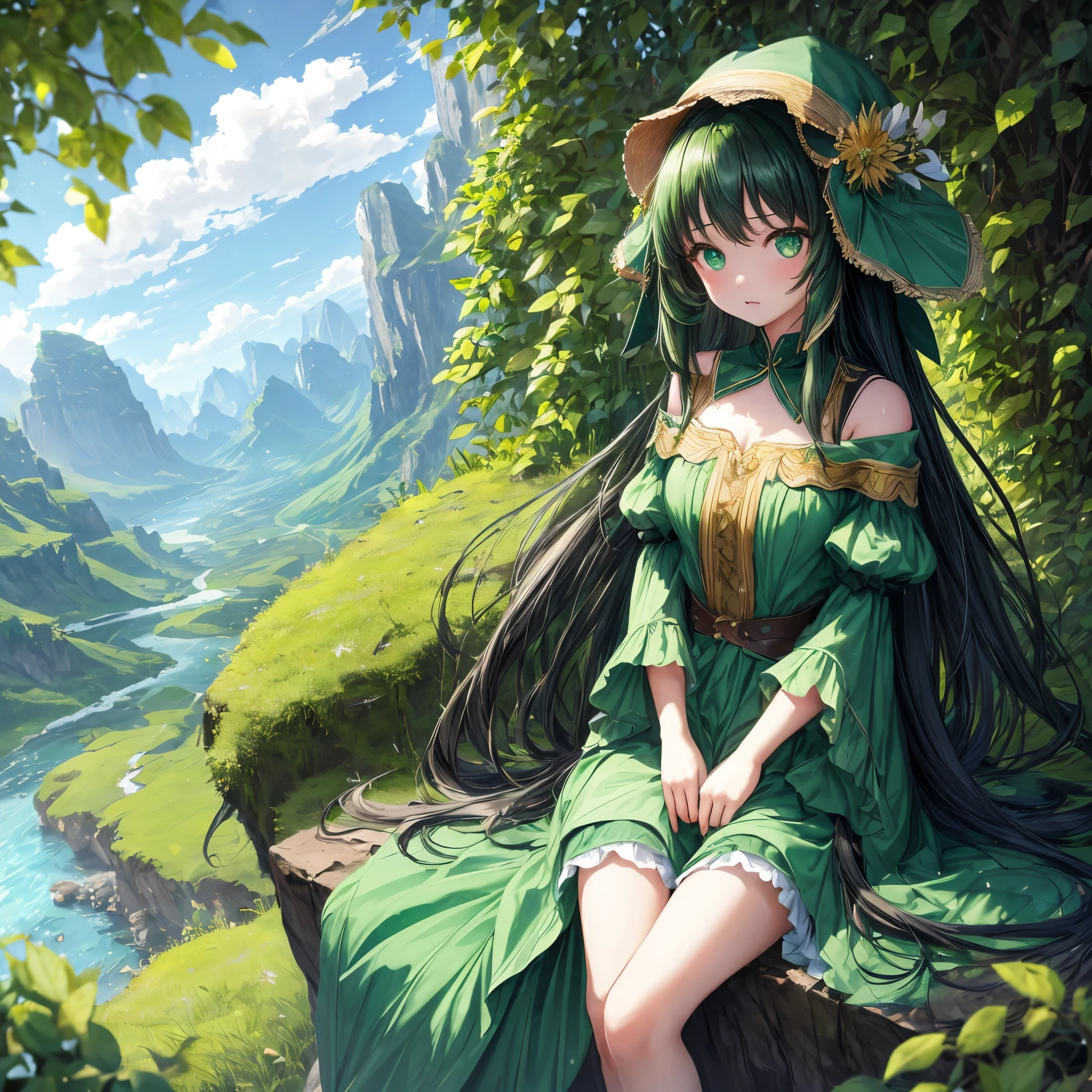 Costumes, long hair, girl, big eyes, Green Mountains and Green Water,