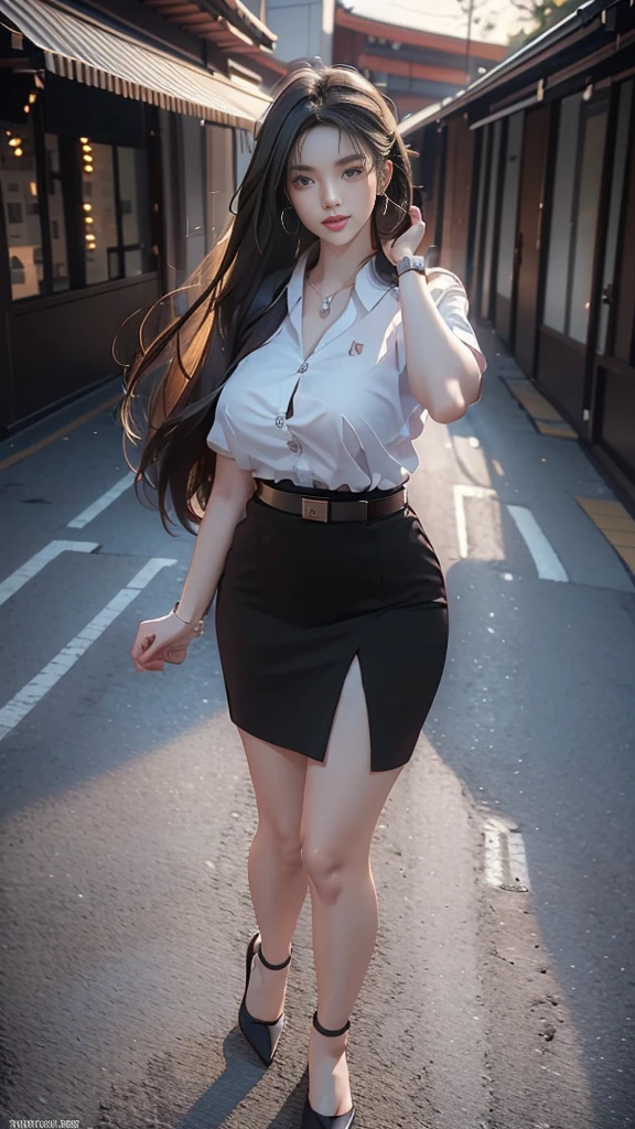 highest resolution, 8K, high definition, Realistic photos, (((My hair is very long.:1.3, Extra long:1.4, straight hair:1.3))), Thai Students, Half Thai, half Japanese, half Korean., Height 173 centimeters, (((stand, walk))), Beautiful face, แต่งBeautiful face, Double eyelids, red lips, smile at the corner of the mouth, beautiful eyes, Beautiful Woman, The texture is realistic., ((Slim white short-sleeved shirt:1.3, collar shirt, Matte black short pencil skirt, Very short, Side incision, กระโปรงสีดำด้านพร้อมbeltผู้หญิง, tight)), ((Huge breasts:1.3, Breast augmentation:1.4, เต้าBig tits, Big tits, Plump milk, Fluffy milk, Huge breasts:1.3)), ((Symmetrical shape, sexy figure:1.4, Thin, slim, small waist, Long legs, Beautiful thighs)), ((Pitch black high heels, earring, Put on a watch, belt)), (((full body, Look at every part of the body.))), university backdrop, building, building, lawn, outdoor sports field