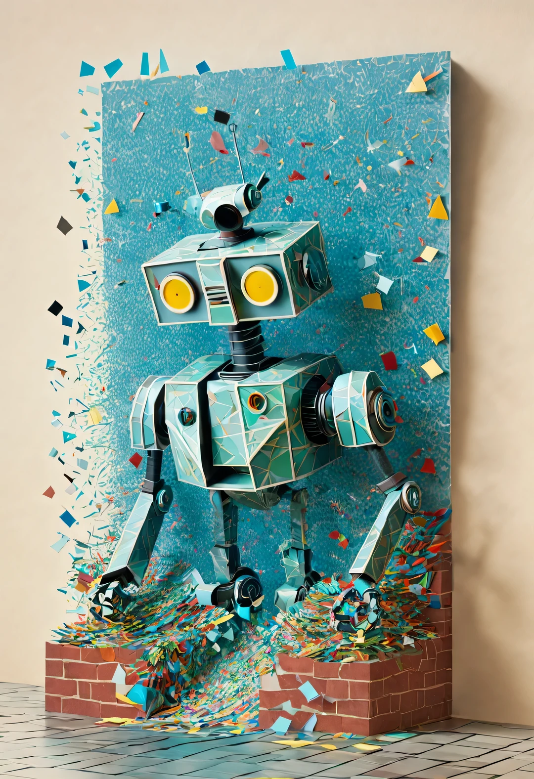 Half-body confetti robot invader bursts out of the wall, Cracked glass, fantasy, Science fiction, low polygon, Cubism and paper cutting were created by Charles and Ray Eames,