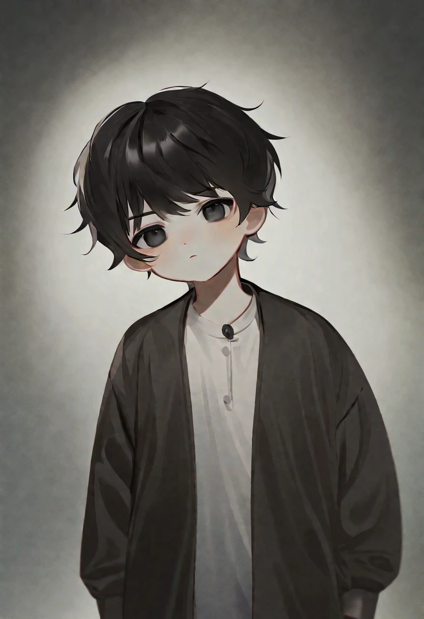 A , short black messy hair, dark grey eyes, handsome, cute, small boy,oomy)), ((solo)), ((high quality, masterpiece))