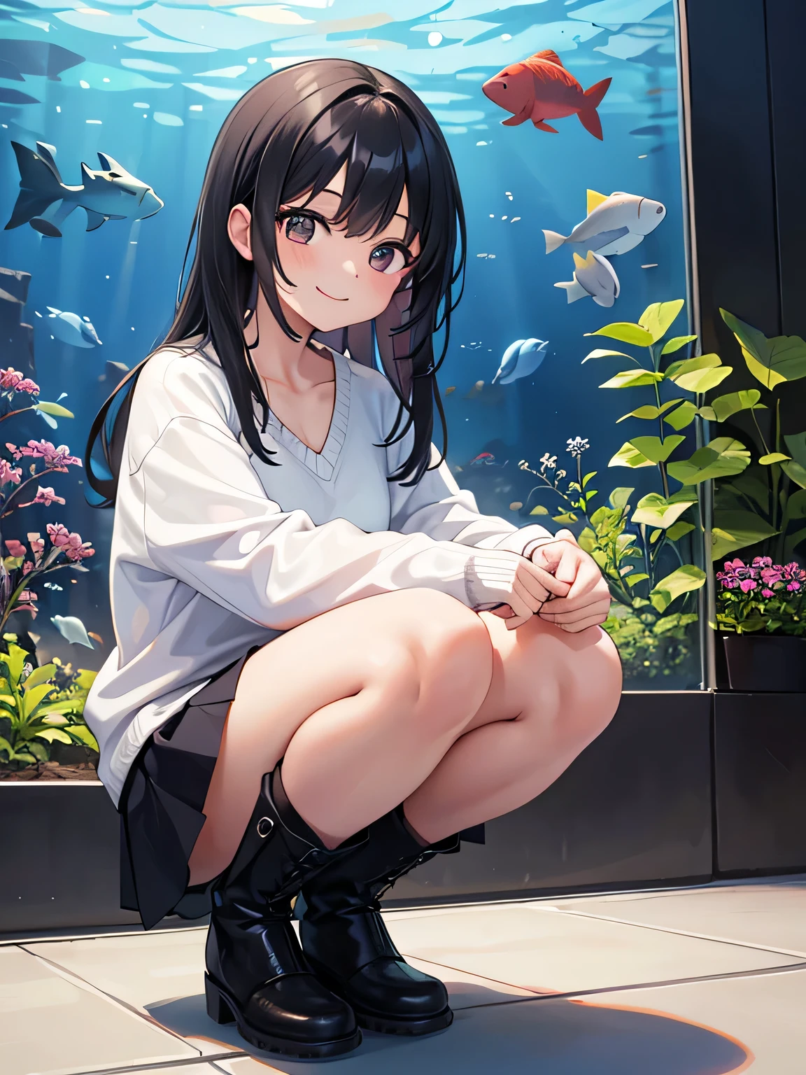 (1) A woman is squatting down and looking at the aquarium.
(2) that woman has long black hair.
(3) Women are wearing V-neck knitwear, Mini skirt and long boots.
(4) The woman's expression is a smile.
(5) The place is an aquarium.