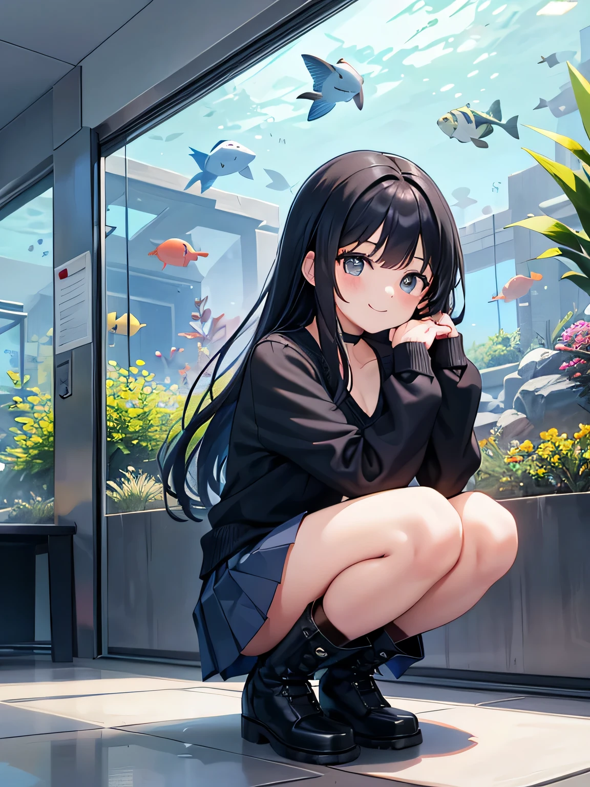 (1) A woman is squatting down and looking at the aquarium.
(2) that woman has long black hair.
(3) Women are wearing V-neck knitwear, Mini skirt and long boots.
(4) The woman&#39;s expression is a smile.
(5) The place is an aquarium.