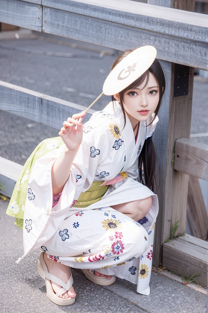 (Japanese idol, 1 girl, unparalleled beauty, Seduce, smile, small face, perfect style, Body based on human mechanics, Raw photo, real person:1.4) photograph, (professional lighting), (((highly detailed eyes and face))), ((double eyelids)), (Tits sharp focus:1.4), (black hair, all back, elegant light makeup, eyeliner, mascara:1.4), huge , shiny skin, 20-year-old, ((slim body, slender)), (Yukata, squat on the bridge, Shade the sun with a fan, Tifa Lockhart lookalike:1.4), attractive face, NSFW, ,