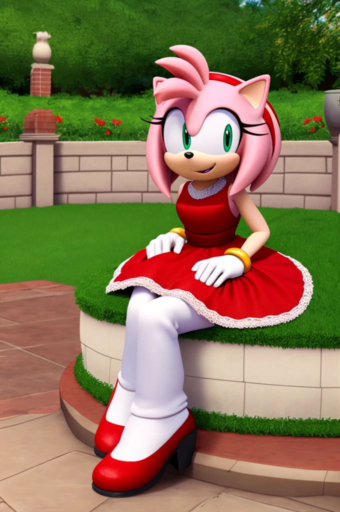 Amy Rose,4k,mobian,beautiful dress,rose garden,princess-like seating,green grass