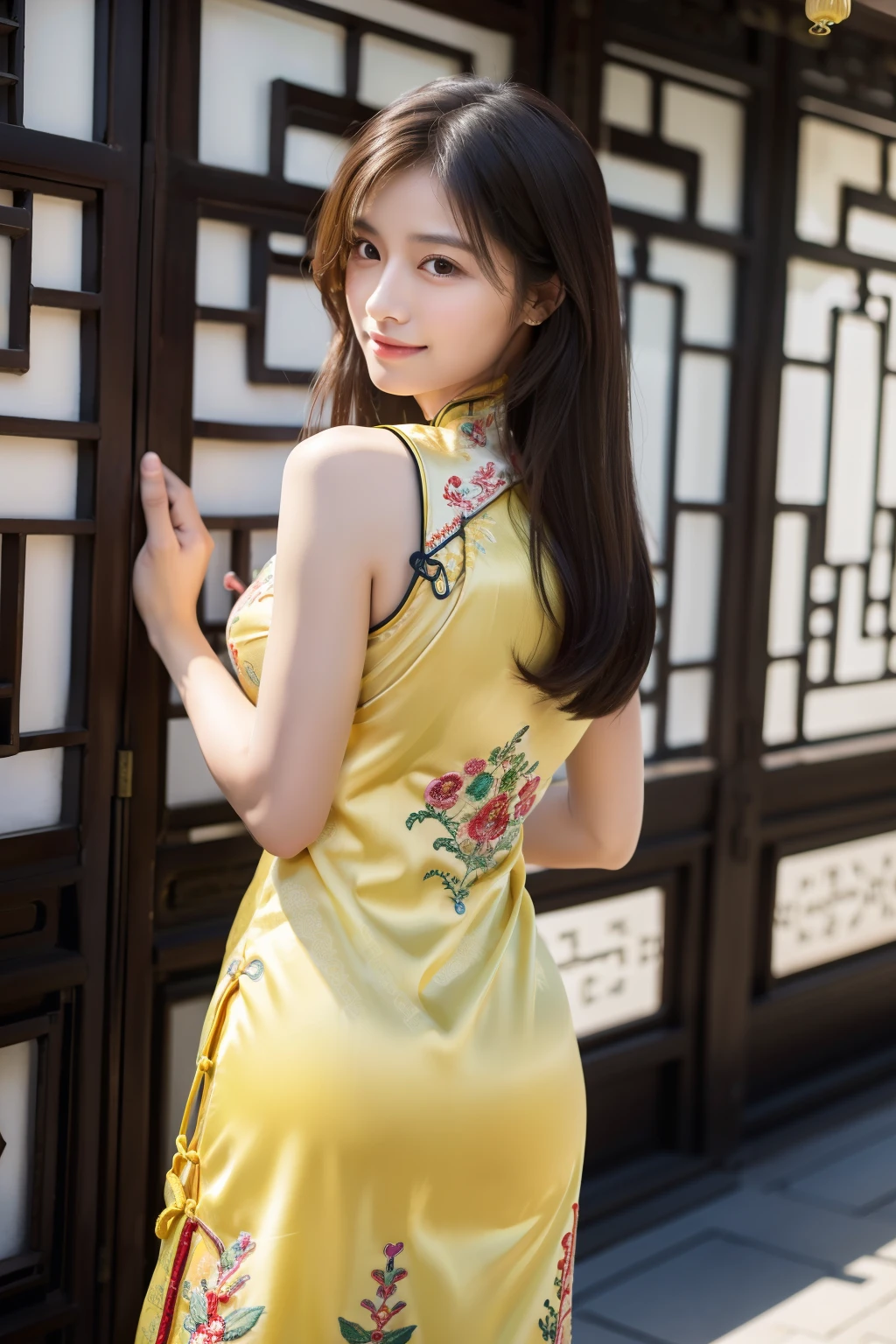 ulzzang -6500-v1.1, (Raw foto:1.2), (Photorealsitic:1.4), Delicate beautiful girl，The sparkling eyes have a very nice atmosphere........................，13years, Attractive eyes and moist lips，cabelos preto e longos，（ssmile：1.3），Detailed depiction of the face，Formula details，Detailed depiction of facial features Star Masterpiece Fine Detail，Describe your role in detail，Detailed depiction of hair，Carefully drawn ，My body is bumpy，Detailed depiction of the hand，Clothes drawn in detail，Detailed depiction of the face，face perfect，Detailed depiction of the hand，4fingers and 1thumb：1.3），orthofacial，choker necklace，eardrop, Works of masters，Infinitely close to reality，（Full body photo：1.5），Highest image quality，best qualtiy，infinite details，8K分辨率，(((Beautiful patterned embroidered cheongsam 1.3)))，((Yellow cheongsam)))，（Ancient courtyard scene：1.3）,A smile, Constriction of the lower back, sexy  pose,Bold poses, Beautiful legs visible through the slit of a long skirt, large full breasts, neatly tied hair