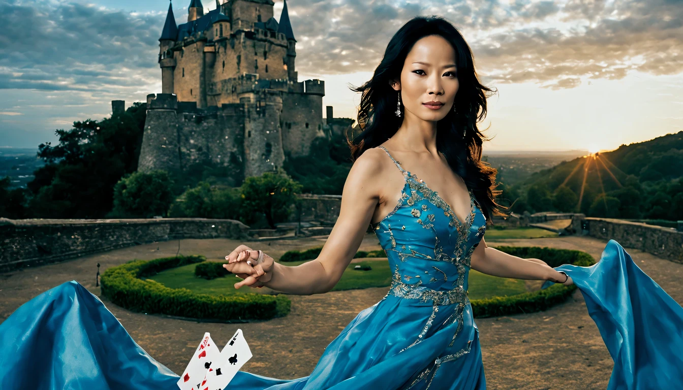 Uma imagem com uma jovens garota bonita (Lucy Liu), (22 anos), brincando com sabre de luz, com um vestido Vermelho de baile e o sabre de luz azul. In the background, a landscape with the sky in shades of blue and burgundy, with a castle made of playing cards and two towers, e na janela da torre da direita um princesa, joga confetes, enquanto na torre da esquerda observa-se uma sombra com um sorriso largo e olhos amarelados.