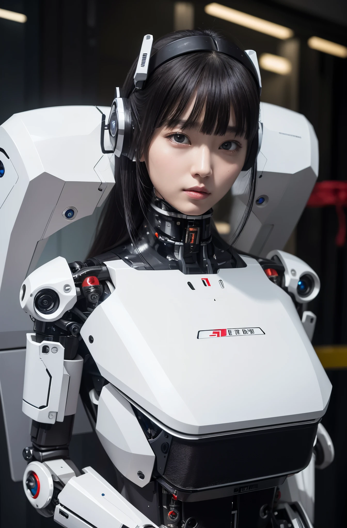 masterpiece, best quality, extremely detailed,8k portrait, Japanese android girl,Plump ,control panels,robot arms,robot,android,cyborg,white robot body,blunt bangs,robot repair plant,black knee high socks,(closing eyes:1.5)