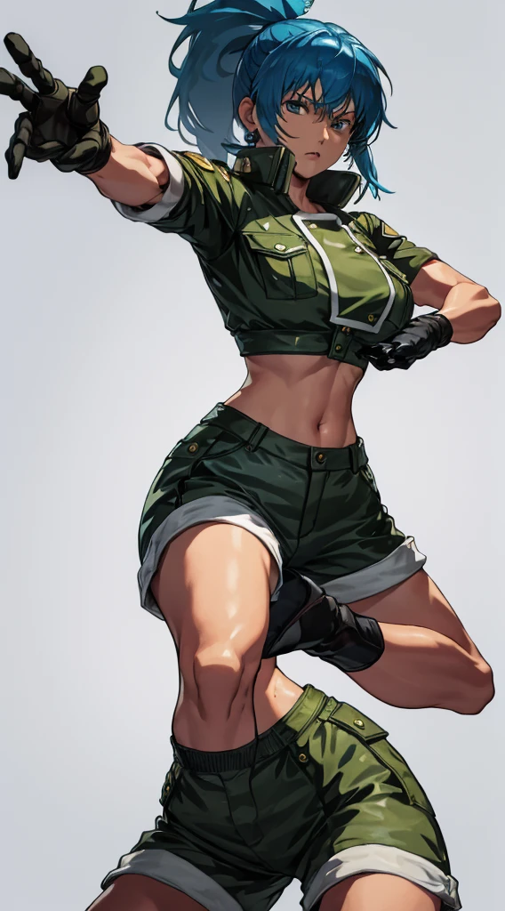 masterpiece,, best quality, highres, 1girl, leona heidern, blue hair, blue eyes, ponytail, green shorts, midriff, crop top, black gloves, breasts, military uniform, green jacket, earrings, jewelry, navel, large breasts, cowboy shot, fighting pose, ready to strike, throwing a punch