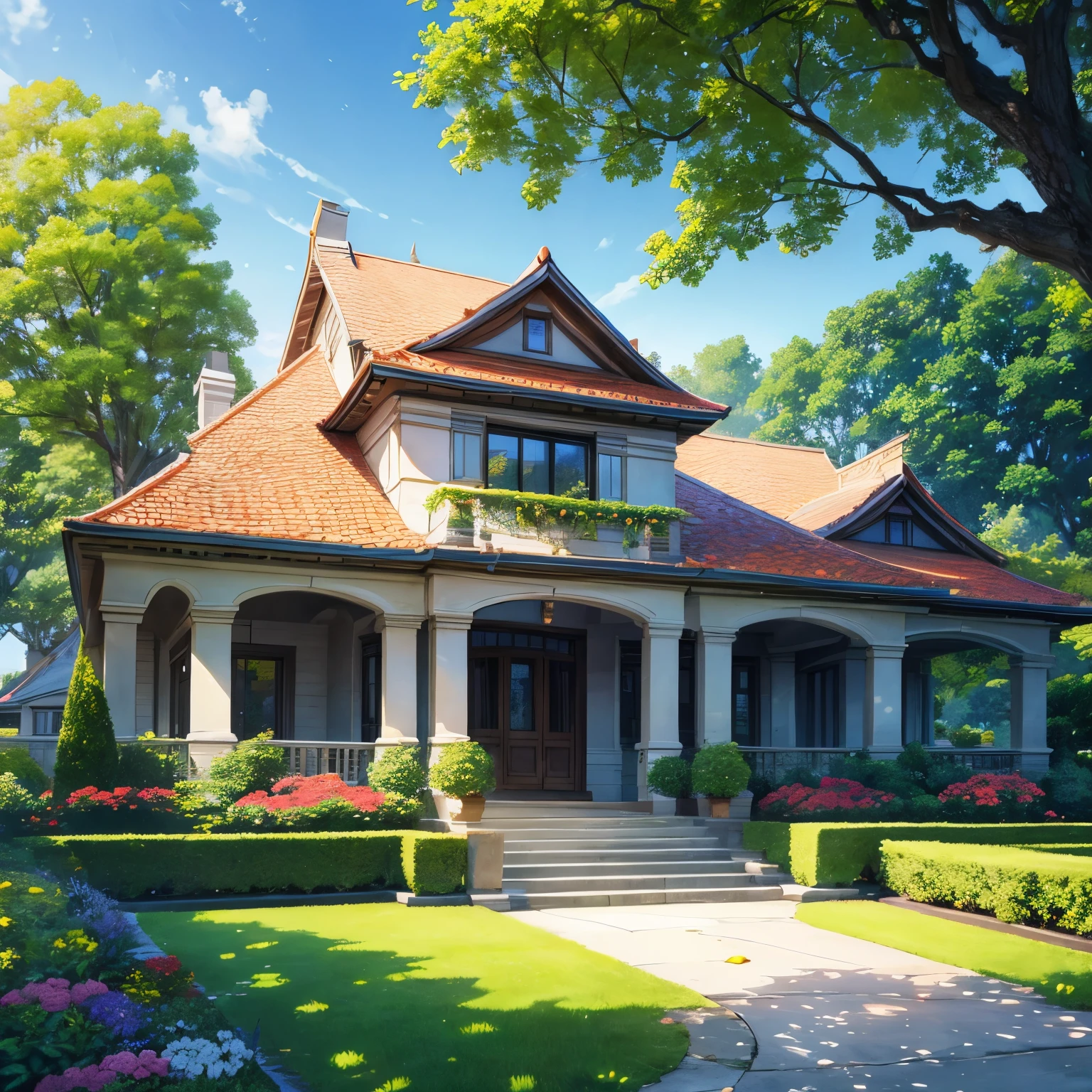 the exquisite beauty of classic-modern style house with nature, realistic, professional, vivid colors, soft lighting, landscapes, detailed trees, colorful flowers, lake, gentle breeze, clear blue sky, the sunlight filters through the leaves of the tree, vibrant hues, natural tranquility, lush greenery, illustration art