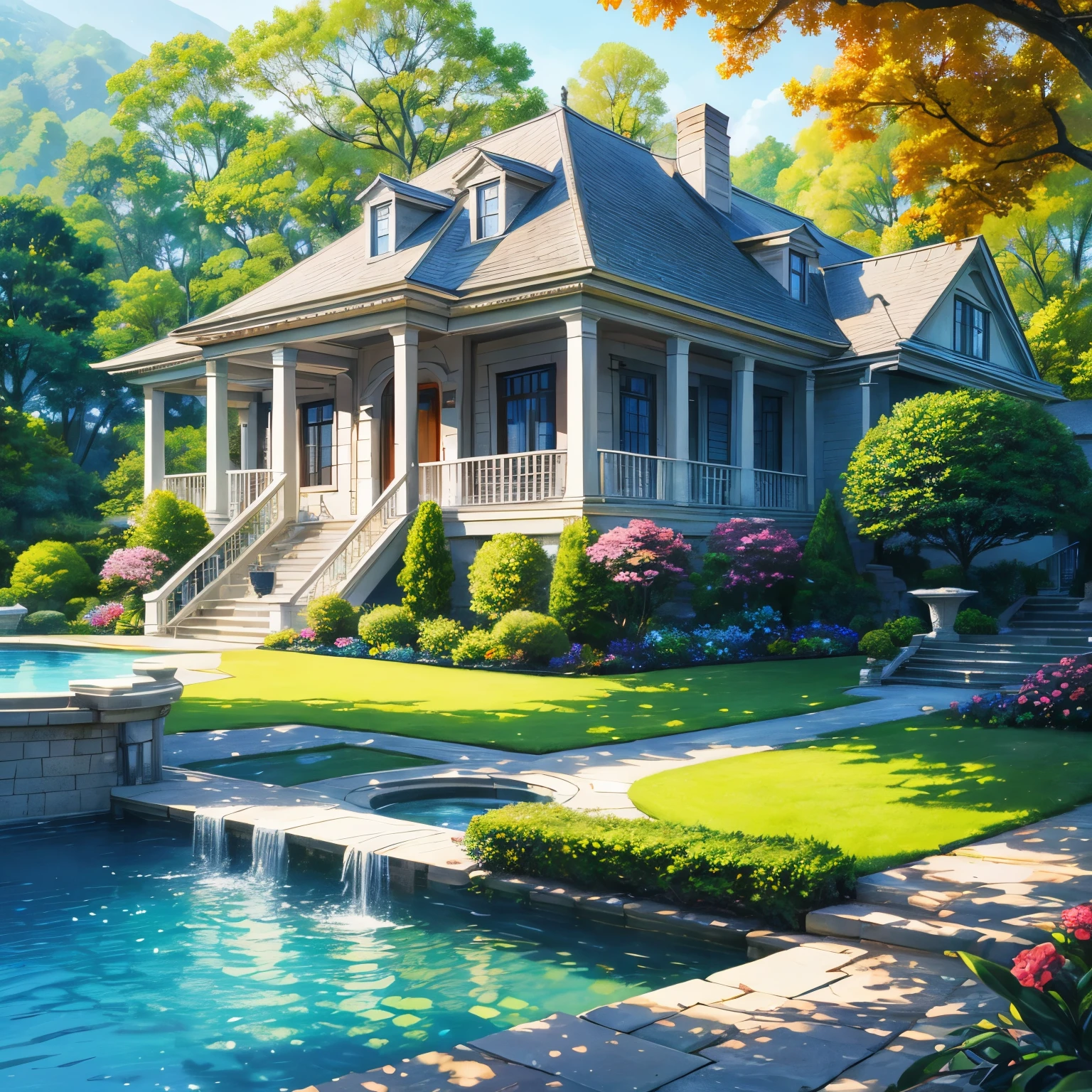 the exquisite beauty of classic-modern style house with nature, realistic, professional, vivid colors, soft lighting, landscapes, detailed trees, colorful flowers, lake, gentle breeze, clear blue sky, the sunlight filters through the leaves of the tree, vibrant hues, natural tranquility, lush greenery, illustration art