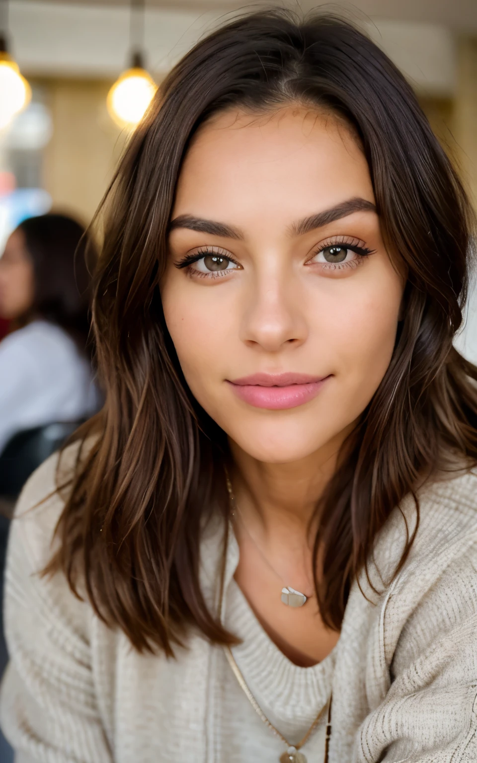 Beautiful brunette with blonde highlights wearing a beige sweater (In a café drinking soda), Very detailed, 22 anos, Rosto inocente, cabelos ondulados naturais, olhos azuis, high resolution, master part, best quality, Alto detalhe intrincado, altamente detalhado, Crisp Focus, pele detalhada, textura de pele realista, textura, olhos detalhados, profissional, 4k, sorriso encantador, filmado na Canon, 85 millimeters, profundidade de campo rasa, Cor Kodak Vision, corpo de ajuste perfeito, extremamente detalhado, fotografia_\(Ultra\), photoreallistic, Realista, Post-processing, maximum details, rugosidade, vida real, Ultra realista, fotorrealismo, fotografia, 8k UHD, fotografia