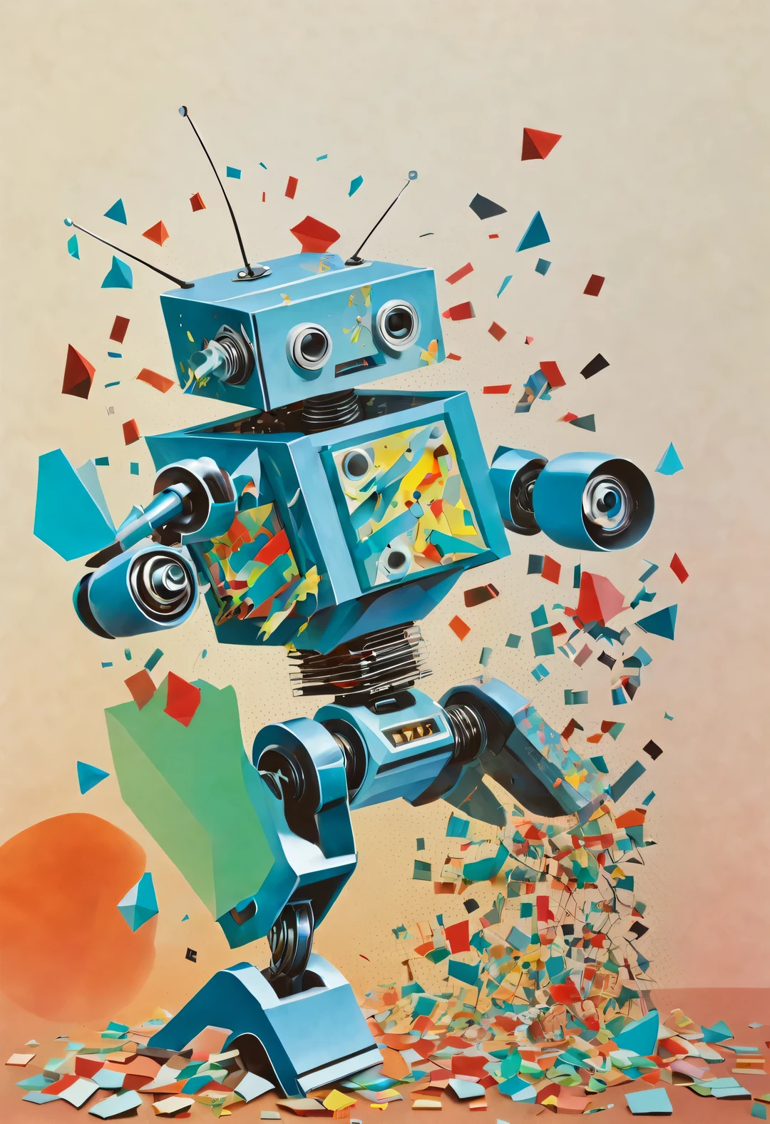 Half-body confetti robot invader bursts out of the wall, Cracked glass, fantasy, Science fiction, low polygon, Cubism and paper cutting were created by Charles and Ray Eames,Paper，