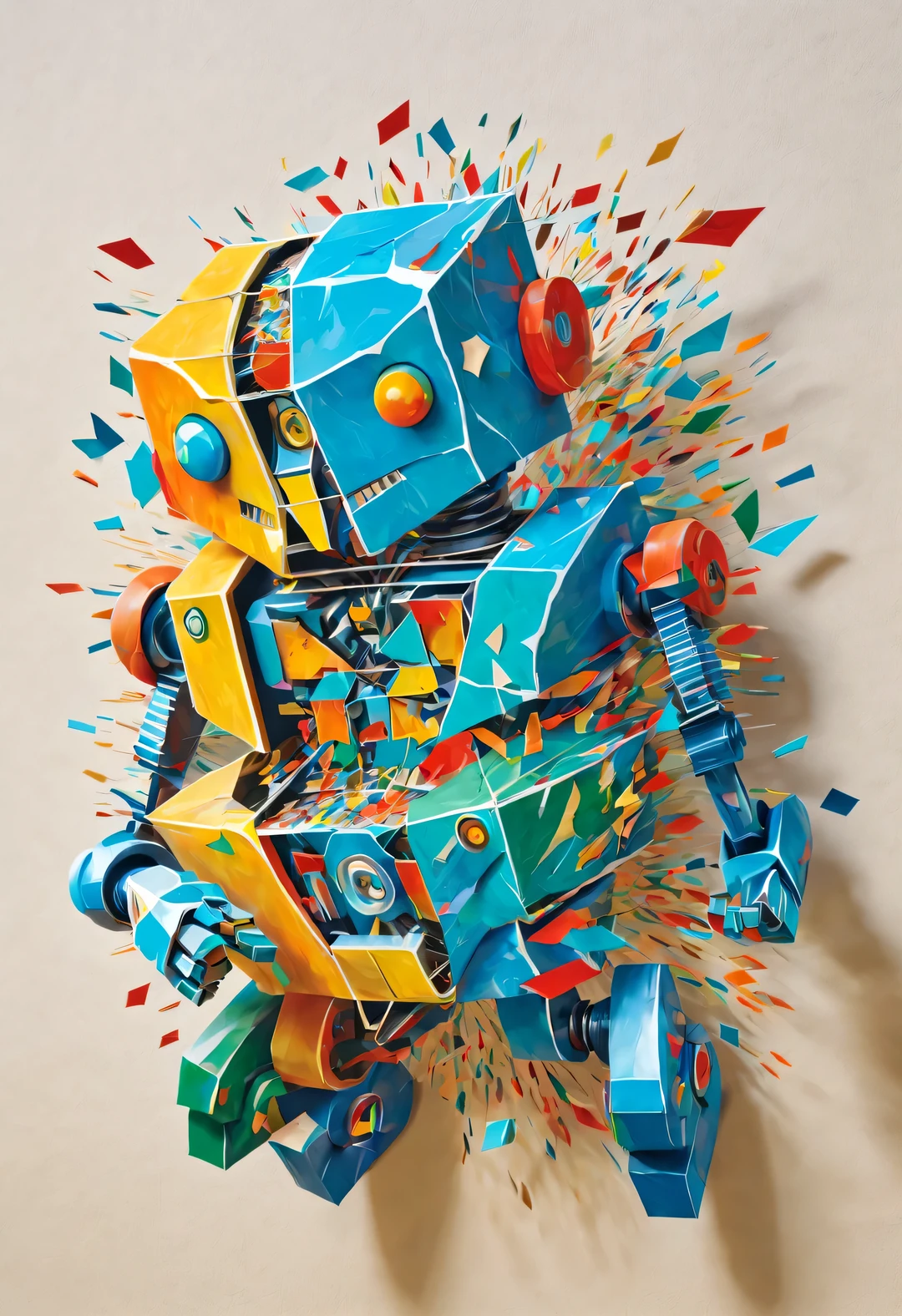 Half-body confetti robot invader bursts out of the wall, Cracked glass, fantasy, Science fiction, low polygon, Cubism and paper cutting were created by Charles and Ray Eames,Paper,