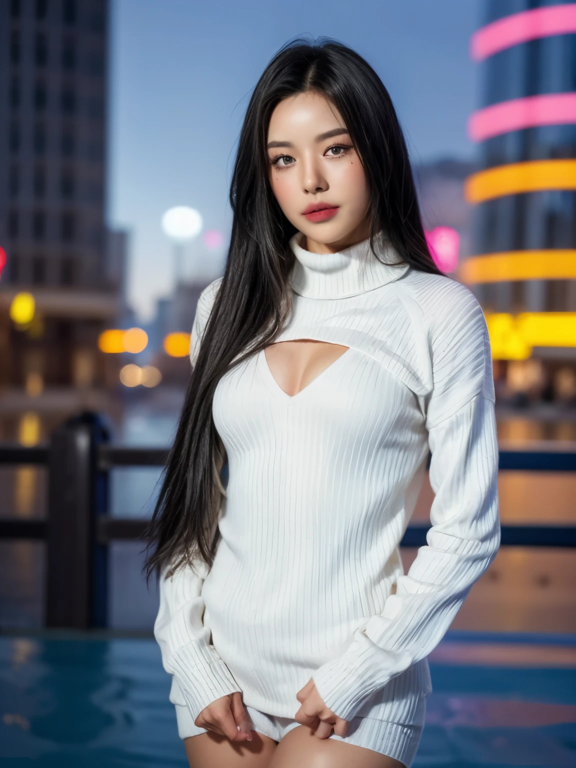 pure face_v1:0.24, best quality, lifelike, 8k, high resolution, 1 girl, Miss, (Dentate skin), (portrait:0.6), ((cityscape background:1.62)), full color, ((Small round chest, turtleneck sweater:1.5)), looking directly at the viewer:1.8, (1 girl eyes looking at viewer:1.55), (long hair, black hair, pad bangs:1.45), (Bokeh), (lips)