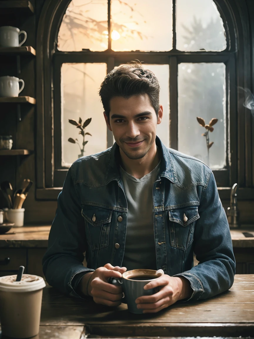 30 year old man, scruffy grey stubble, looking happy, relieved, grinning, smiling, scratching head, wearing denim jacket, tatty jeans, leaning against sink in traditional farmhouse kitchen, smoking, drink coffee cup, cigarettes, lighter on table. unlight through window, sunset. cinematic dramatic.