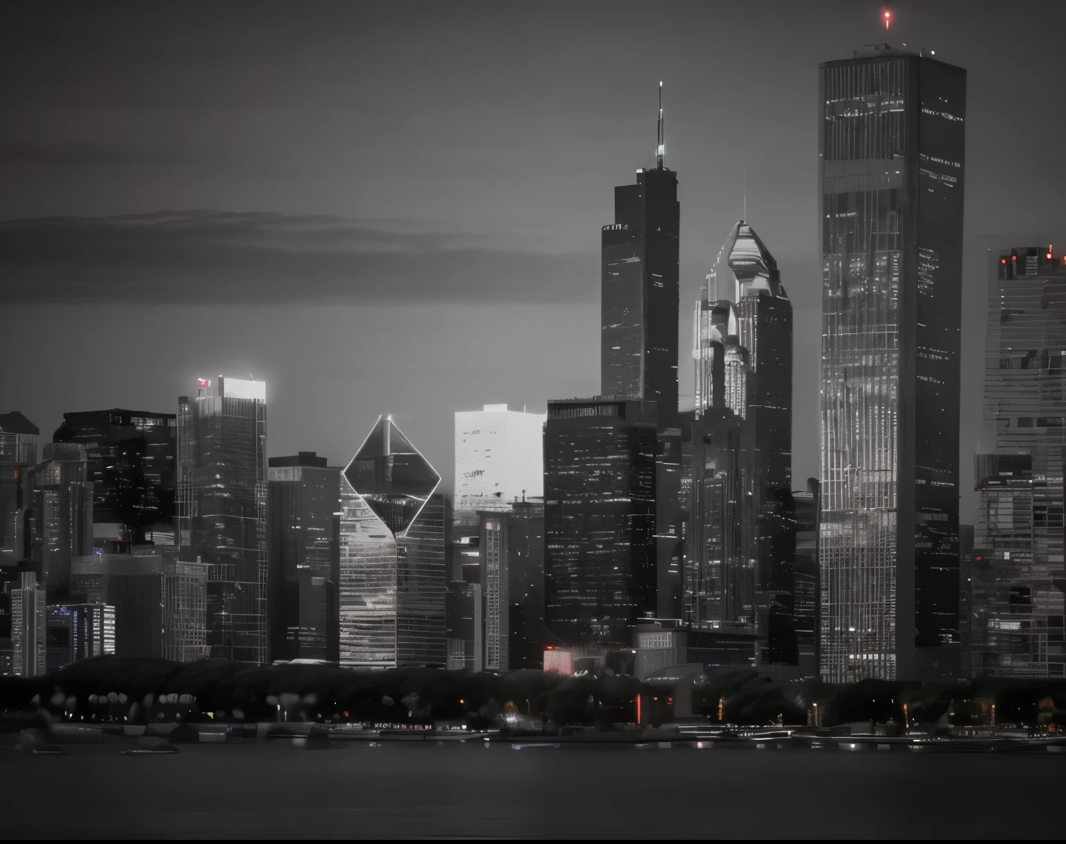 a black and white photo of a city at night, digital art by Emanuel Witz, unsplash contest winner, fine art, chicago skyline, busy cityscape, twilight in the city, nighttime in gotham city, chicago, city at night, twilight skyline, skyline, night in the city, nighttime, city, cityscape, night cityscape, low detail, bw, city night