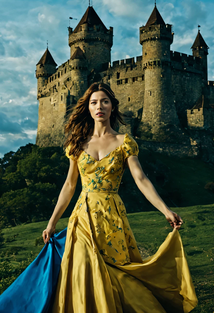 Uma imagem com uma jovens garota  bonita (Jessica Biel), (22 anos), brincando com sabre de luz, com um vestido Amarelo de baile e o sabre de luz azul. In the background, a landscape with the sky in shades of blue and burgundy, with a castle made of playing cards and two towers, e na janela da torre da direita um princesa, joga confetes, enquanto na torre da esquerda observa-se uma sombra com um sorriso largo e olhos amarelados.
