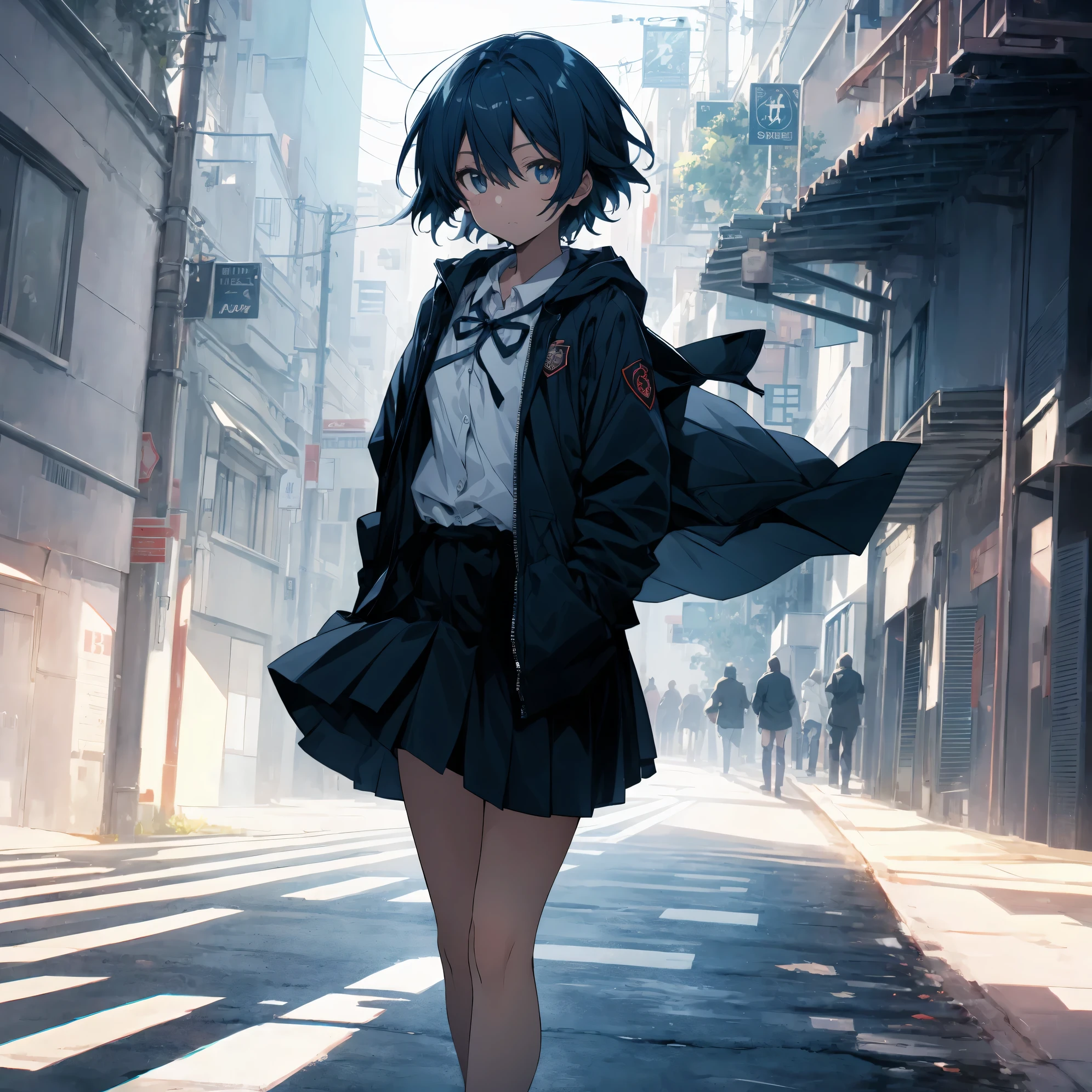 Super high quality by the art god, super detailed, High resolution, Shinkai Makoto style, anime moe art style, best anime 8K konachan wallpaper, pixiv contest winner, perfect anatomy, break,(眠そうにalone学校へ行く女の子を描いてください. ),break, surreal high school girl, (alone,lolita, , 13 years old:1.3),All limbs, full finger,, androgynous charm, (very short hair), messy hair, flat chest, , small ass, between legs, Small black eyes, beautiful and fine eyes, Well-proportioned iris and pupils, disgusted eyes, High resolutionの詳細な髪, wearing school uniform, (skirt), On the way to school. break,super dense skin, Best lighting by famous artists, 8K, figure,