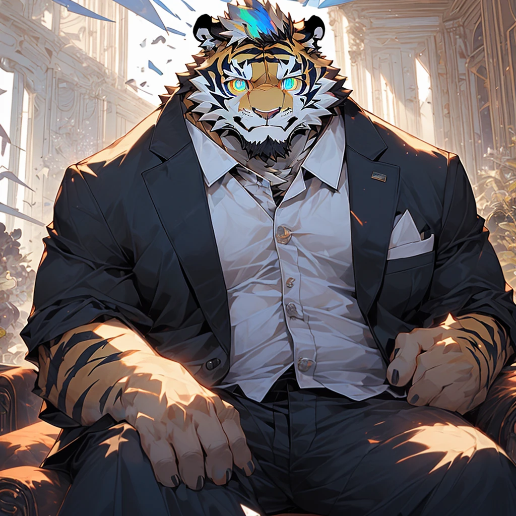 Cartoon character with big chest muscles, anthropomorphic tiger, tiger_beast, Detailed fanart, high resolution committee,,Sitting on the sofa, Detailed and colorful, fat tear, Very detailed!, pov furry art ,(Suit:1.5),yellow fur,(A pair of eyes with different pupil colors:2.2),(whole body:2.5),(White beard on chin),(Clothes open:2),(modern white house),)Modern seating),(modern white walls),(furniture),(panoramic)