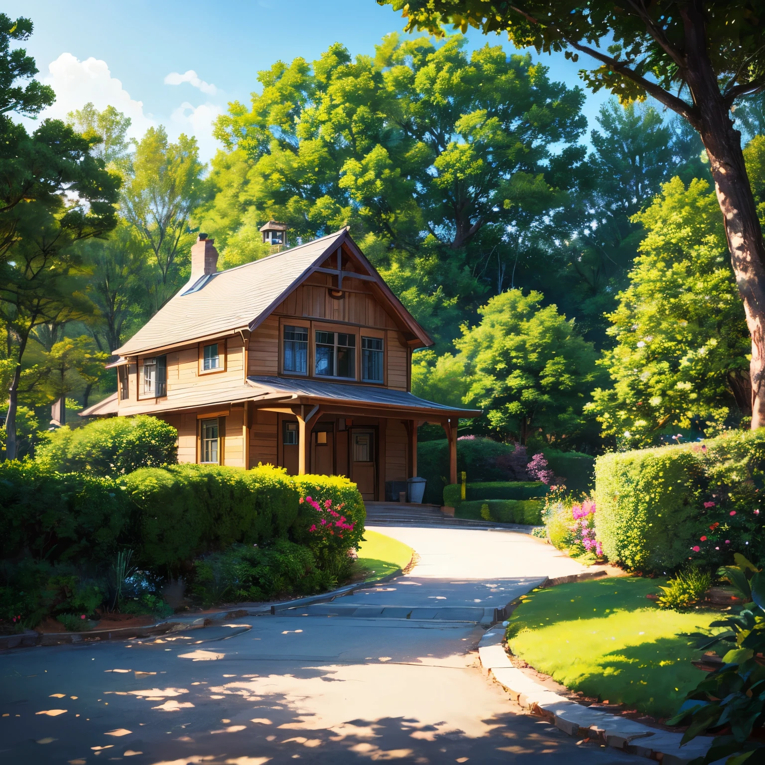 the exquisite beauty of classic-modern style house with nature, realistic, professional, vivid colors, soft lighting, landscapes, detailed trees, colorful garden, beach, gentle breeze, clear blue sky, the sunlight filters through the leaves of the tree, vibrant hues, natural tranquility, lush greenery, illustration art