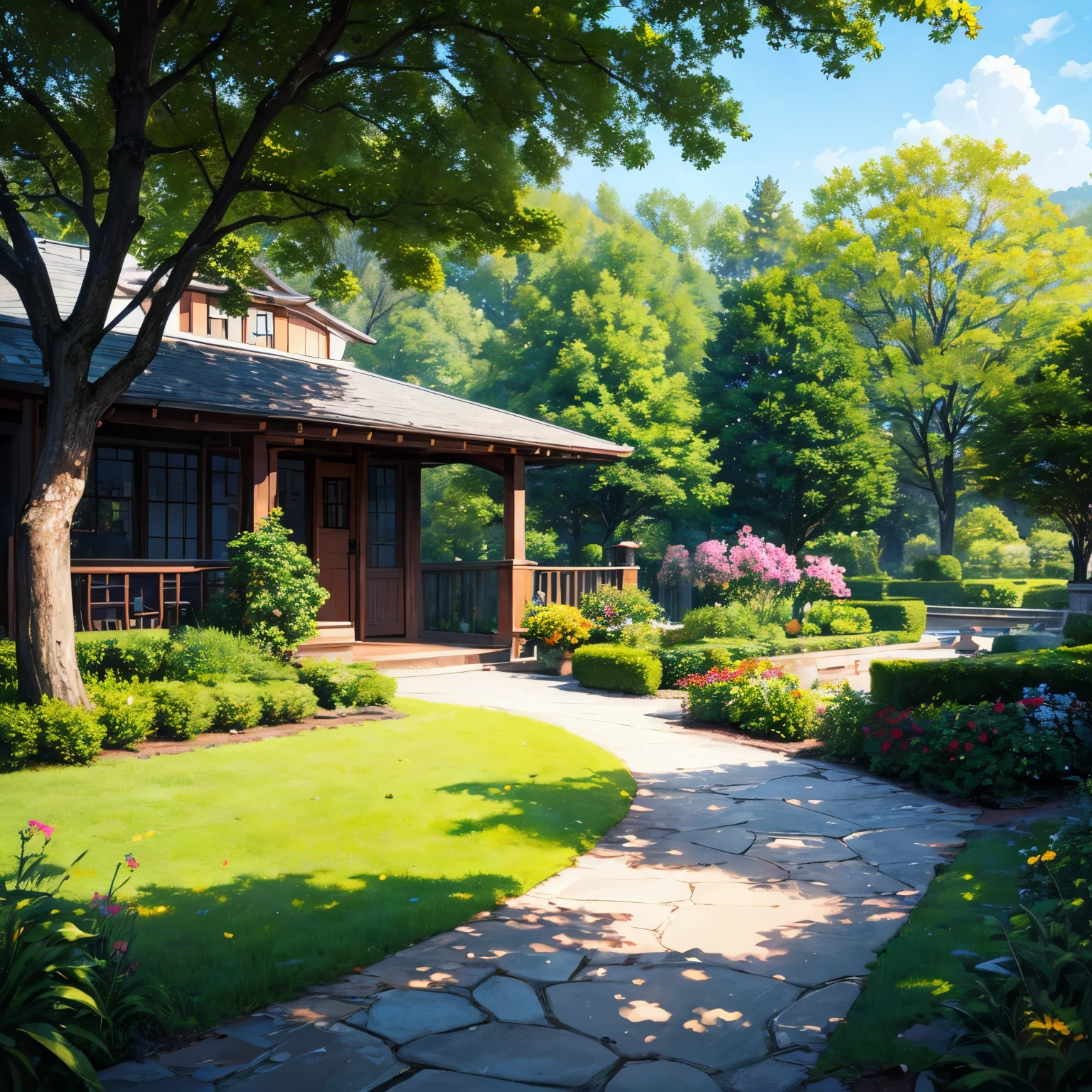 the exquisite beauty of classic-modern style house with nature, realistic, professional, vivid colors, soft lighting, landscapes, detailed trees, colorful garden, beach, gentle breeze, clear blue sky, the sunlight filters through the leaves of the tree, vibrant hues, natural tranquility, lush greenery, illustration art