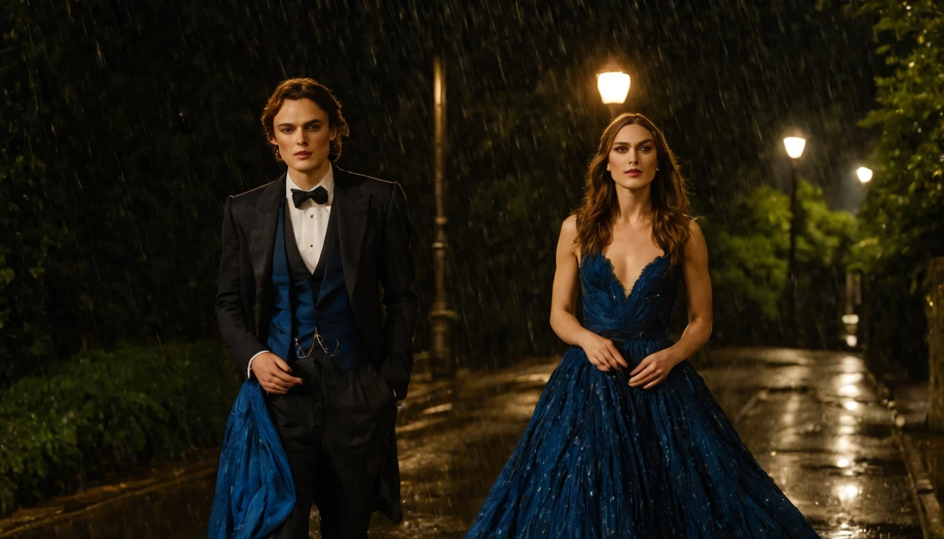 Uma jovem garota bonita (Keira Knightley), (25 anos), com um vestido longo Azul, caminhando pelas ruas da cidade a noite, It's raining and there's beautiful moonlight in the sky.