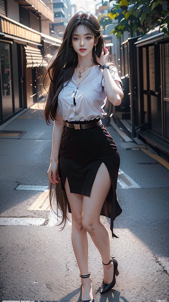 highest resolution, 8K, high definition, Realistic photos, (((My hair is very long.:1.3, Extra long:1.4, straight hair:1.3))), Thai Students, Half Thai, half Japanese, half Korean., Height 173 centimeters, (((stand, walk))), Beautiful face, แต่งBeautiful face, Double eyelids, red lips, smile at the corner of the mouth, beautiful eyes, Beautiful Woman, The texture is realistic., ((Slim white short-sleeved shirt:1.3, collar shirt, Matte black short pencil skirt, Very short, Side incision, กระโปรงสีดำด้านพร้อมbeltผู้หญิง, tight)), ((Huge breasts:1.3, Breast augmentation:1.4, เต้าBig tits, Big tits, Plump milk, Fluffy milk, Huge breasts:1.3)), ((Symmetrical shape, sexy figure:1.4, Thin, slim, small waist, Long legs, Beautiful thighs)), ((Pitch black high heels, earring, Put on a watch, belt)), (((full body, Look at every part of the body.))), university backdrop, building, building, lawn, outdoor sports field