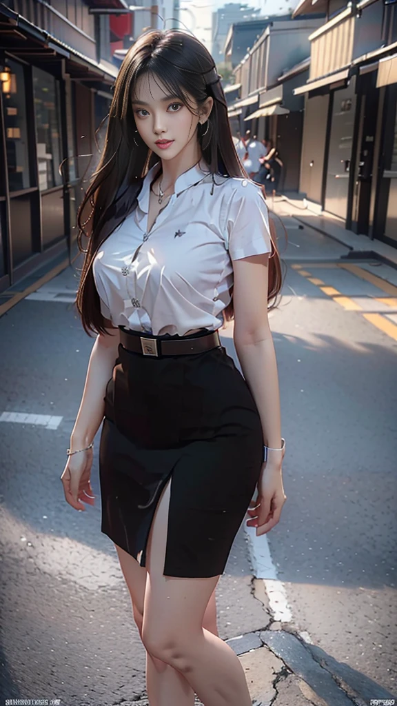 highest resolution, 8K, high definition, Realistic photos, (((My hair is very long.:1.3, Extra long:1.4, straight hair:1.3))), Thai Students, Half Thai, half Japanese, half Korean., Height 173 centimeters, (((stand, walk))), Beautiful face, แต่งBeautiful face, Double eyelids, red lips, smile at the corner of the mouth, beautiful eyes, Beautiful Woman, The texture is realistic., ((Slim white short-sleeved shirt:1.3, collar shirt, Matte black short pencil skirt, Very short, Side incision, กระโปรงสีดำด้านพร้อมbeltผู้หญิง, tight)), ((Huge breasts:1.3, Breast augmentation:1.4, เต้าBig tits, Big tits, Plump milk, Fluffy milk, Huge breasts:1.3)), ((Symmetrical shape, sexy figure:1.4, Thin, slim, small waist, Long legs, Beautiful thighs)), ((Pitch black high heels, earring, Put on a watch, belt)), (((full body, Look at every part of the body.))), university backdrop, building, building, lawn, outdoor sports field