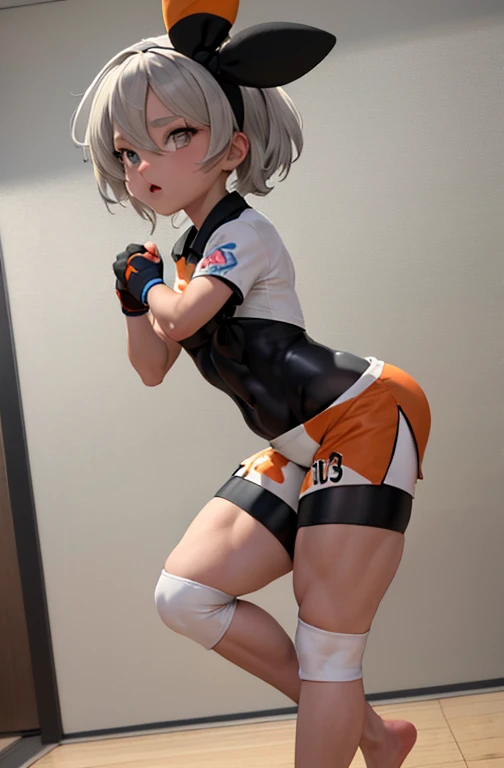 high quality, masterpiece, indoors, dojo, facing forward, thick thighs, puffy cheeks, six pack, dominant, confident, bea \(pokemon\), bow hairband, print shirt, tied shirt, black bodysuit, tight bodysuit, bodysuit under clothes, single glove, print shorts, knee pads, barefoot