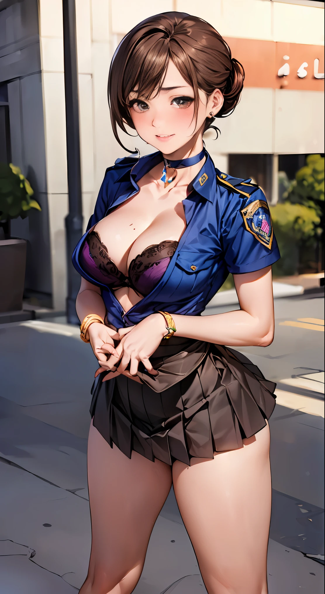 (masterpiece:1.2, highest quality, 8K, advanced details), (realistic, photorealistic:1.4), beautiful illustrations,
looking at the viewer, whole body, Front view:0.6,
1 female, 23 years old, Japanese, ((brown hair chignon:1.5)), blown hair, ((height: 169 cm, medium breasts:1.3,Moderate abs, big ass))
beautiful hair, beautiful face, beautiful and detailed eyes, (gray eyes:1.3), beautiful clavicle, beautiful body, beautiful breasts, beautiful thighs, beautiful feet, beautiful fingers, perfect anatomy:1.3, perfect anatomy
(downtown)
((policewoman costume:1.7, choker:1.6))
((Grasp the hem of the skirt with your right hand, Put your left hand on your chest, stand with legs apart:1.3)),
(Look at the viewer while blushing:1.3)