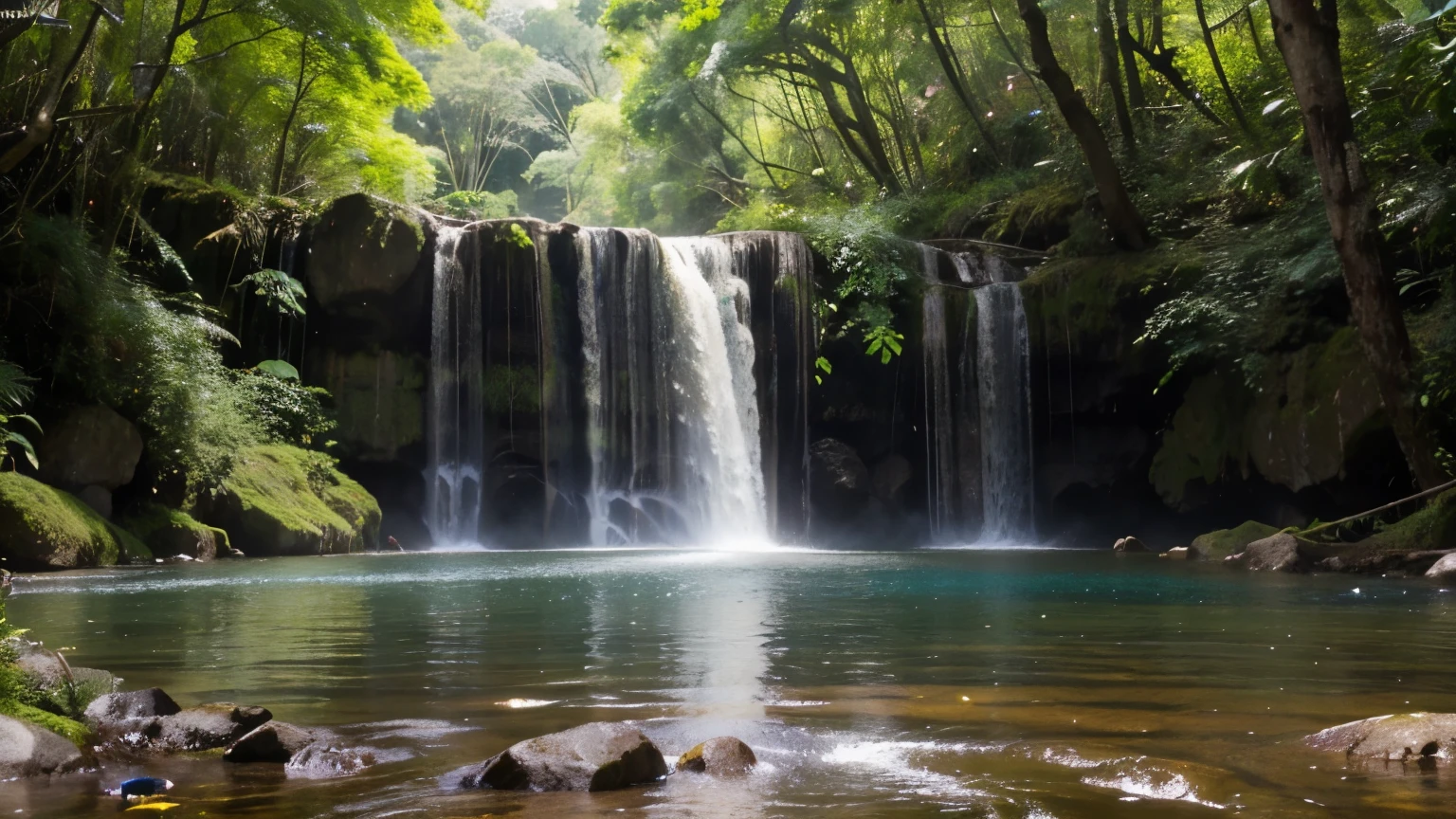 imagen hd de la mejor calidad de una catarata rodeada de vegetacion llena de colores vivos y vibrantes