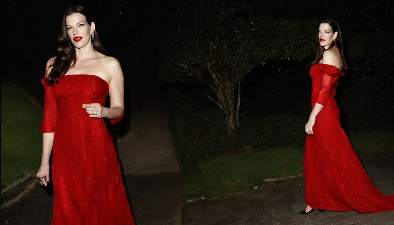 Uma jovem garota bonita (Liv Tyler), (25 anos), com um vestido longo Vermelho, caminhando pelas ruas da cidade a noite, It's raining and there's beautiful moonlight in the sky.