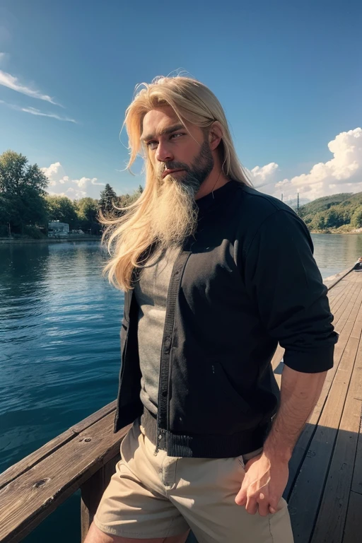 A muscular blonde haired man with blue eyes with long hair and a dark beard is fishing on a dock