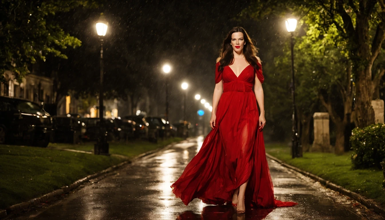 Uma jovem garota bonita (Liv Tyler), (25 anos), com um vestido longo Vermelho, caminhando pelas ruas da cidade a noite, It's raining and there's beautiful moonlight in the sky.